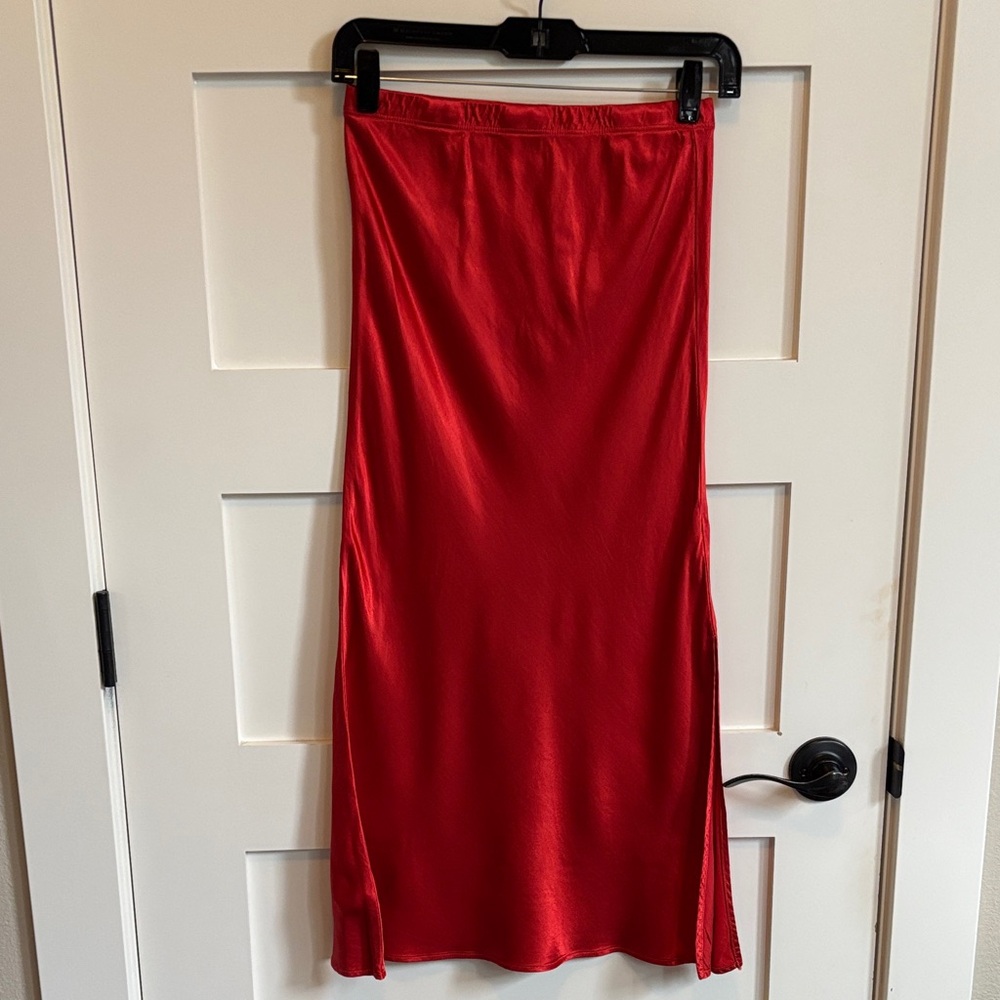 LA Made Red Satin Midi Slip Skirt